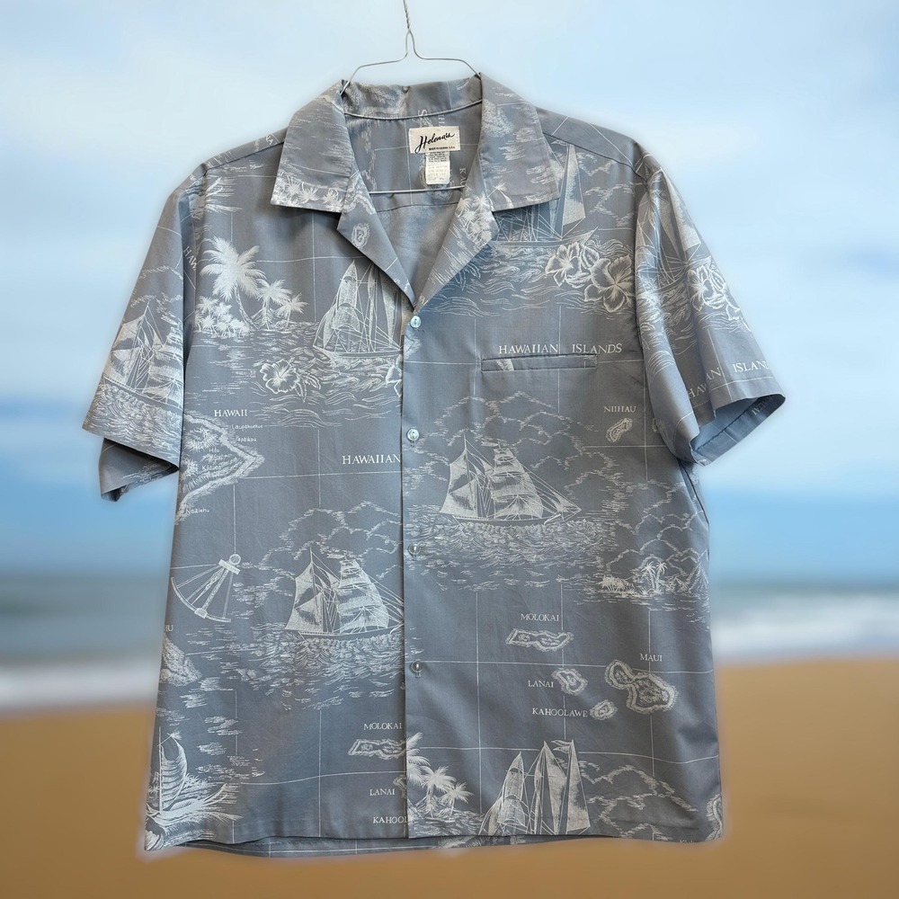 Helena's Hawaiian Aloha‎ Shirt Mens XL Grey Map Print Sailing Ship Cotton Blend